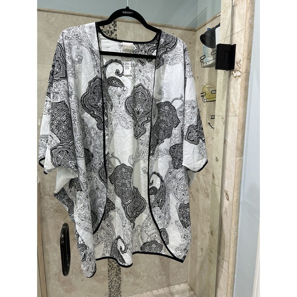 Chicos Duster Print Floral Kimono Open Front Top Womens Size S/M Black White